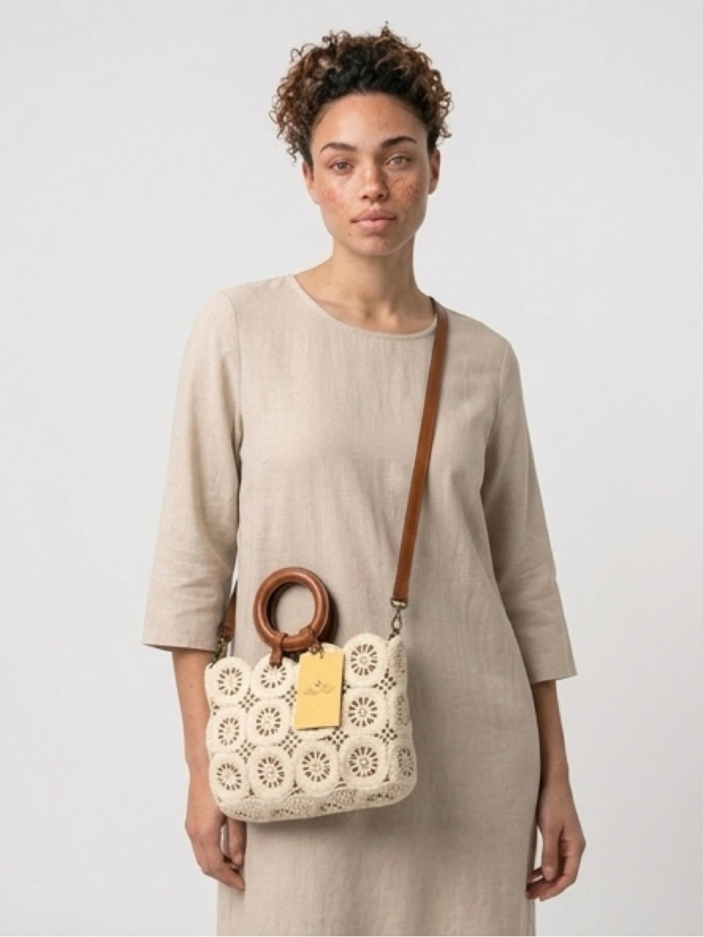 Patricia Nash Cream Crochet Crossbody with Brown Leather Trim and Ring Handles